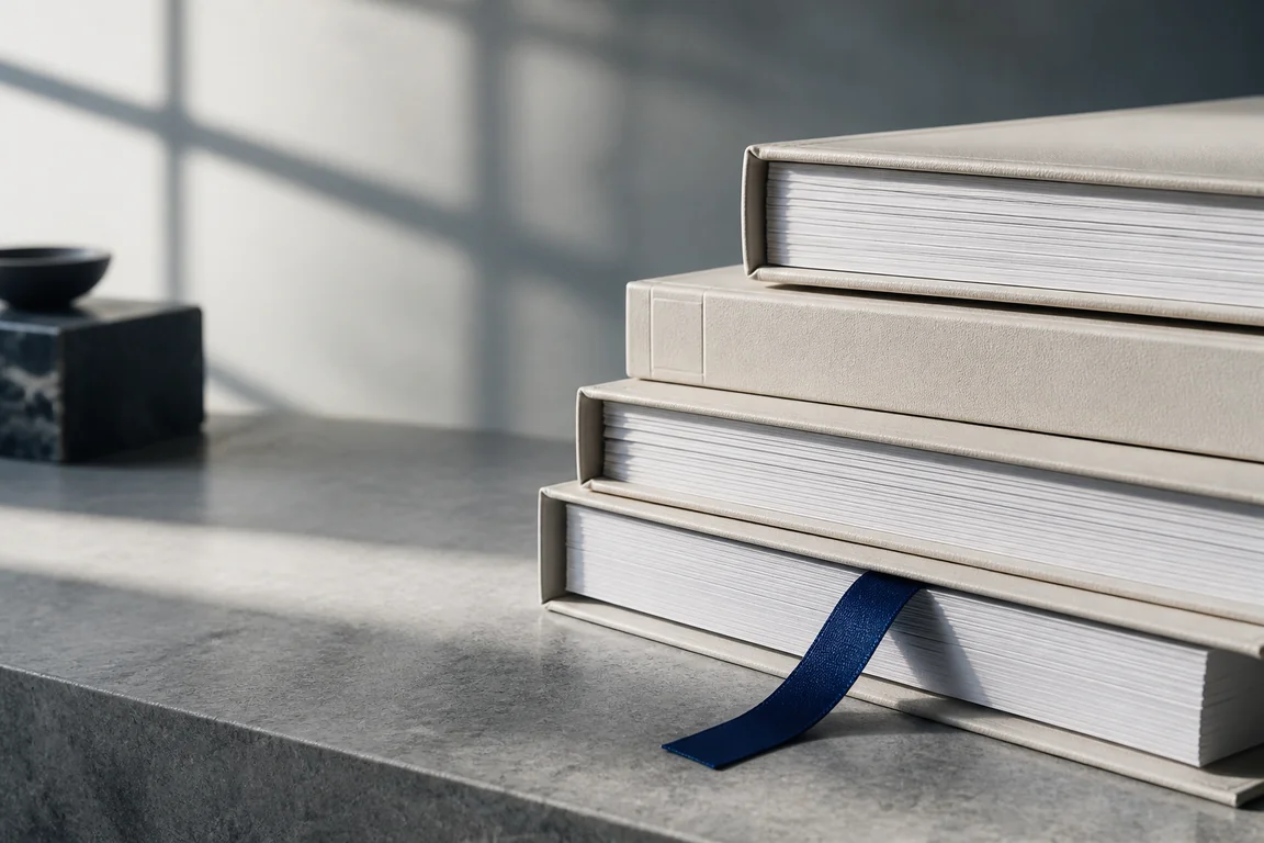 Stacked valuation reports on a stone surface with a cobalt ribbon bookmark.