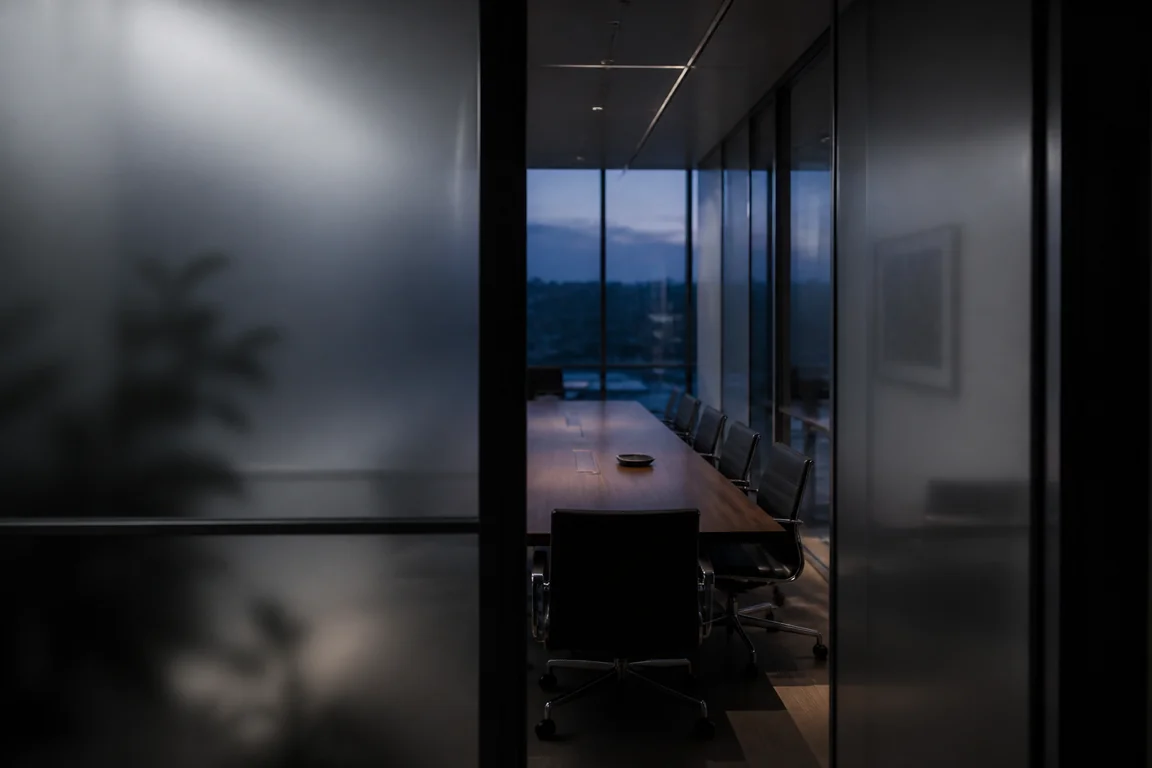 Quiet conference room seen through frosted glass in cool daylight.