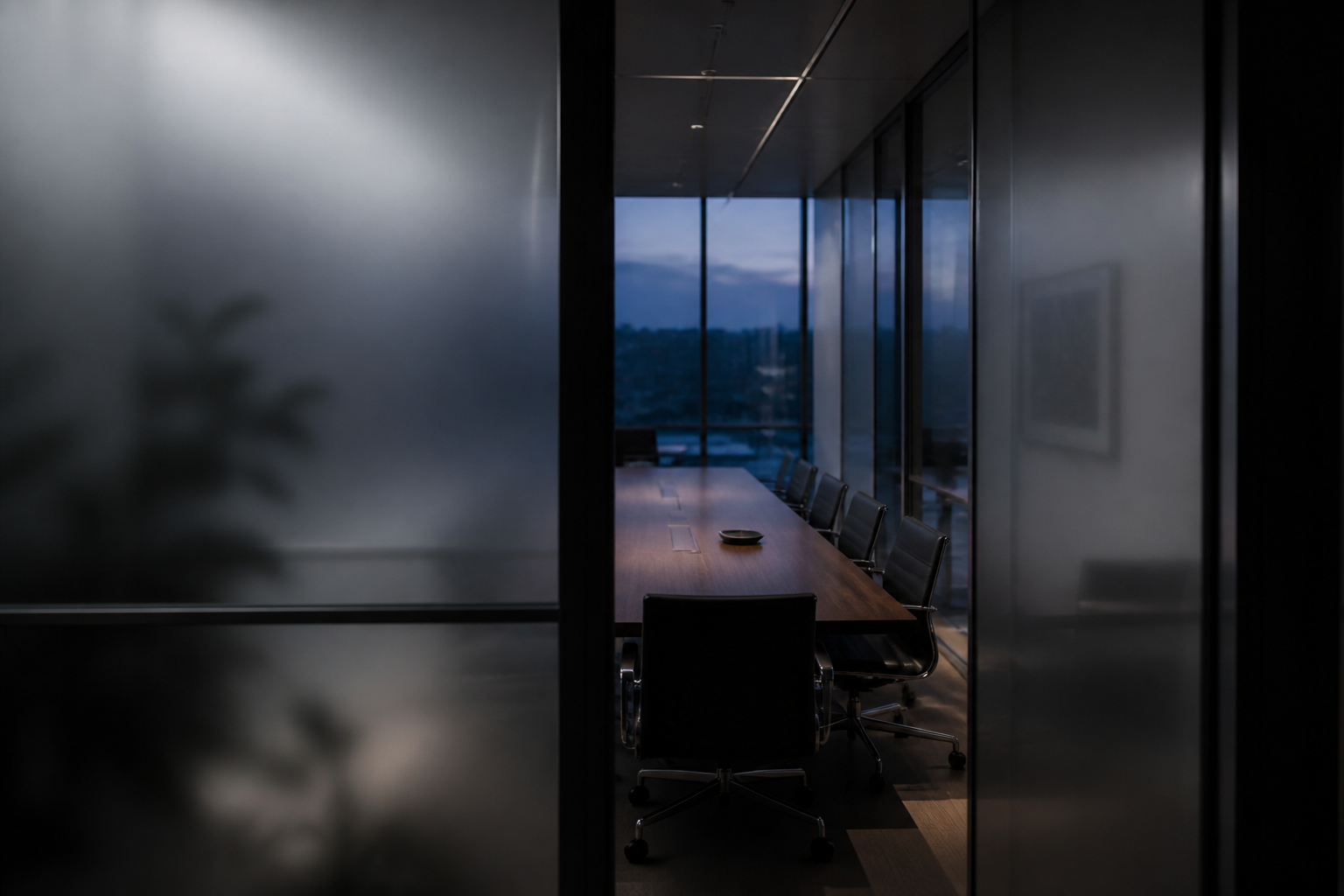 Quiet conference room seen through frosted glass in cool daylight.